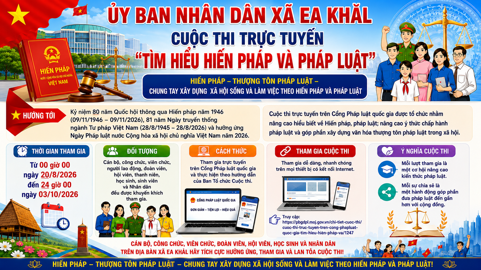 Hướng tới kỷ niệm 80 năm Quốc hội thông qua Hiến pháp năm 1946 (09/11/1946 - 09/11/2026), kỷ niệm 81 năm Ngày truyền thống ngành Tư pháp Việt Nam (28/8/1945 - 28/8/2026) và hưởng ứng Ngày Pháp luật nước Cộng hòa xã hội chủ nghĩa Việt Nam năm 2026